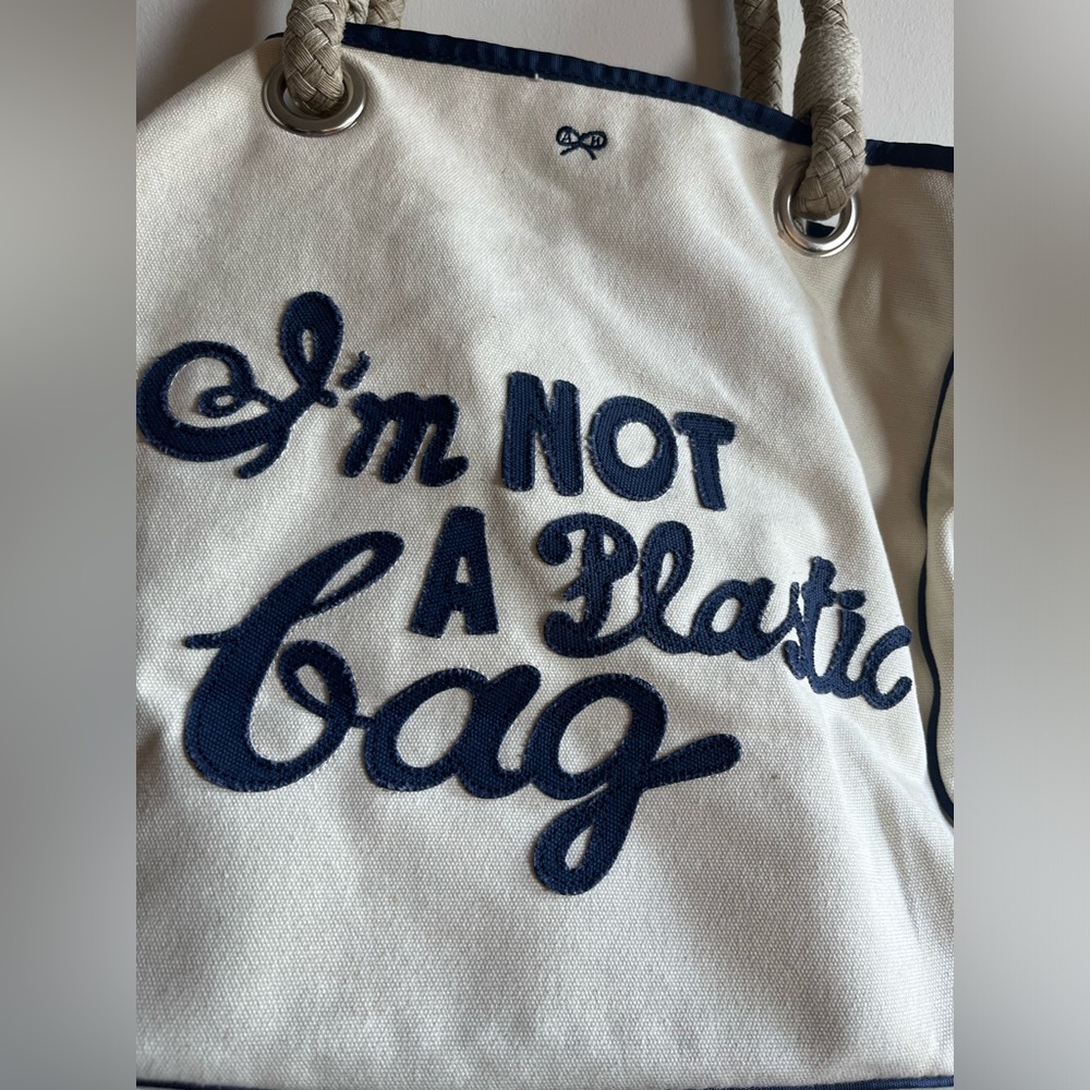 Anya Hindmarch London I AM NOT A PLASTIC BAG Cream and Navy Canvas Tote Bag - Picture 3 of 13